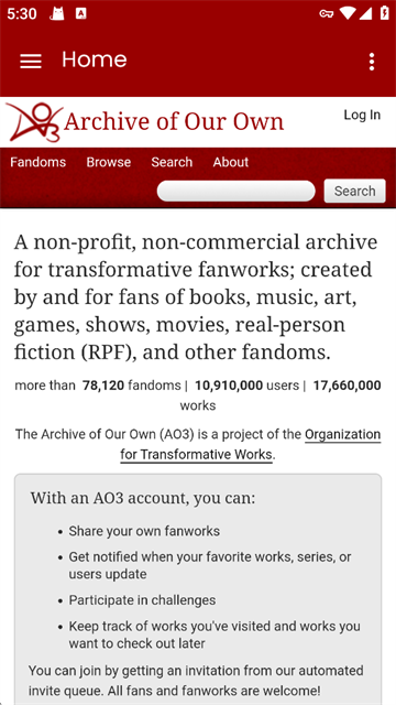 AO3 首页界面截图